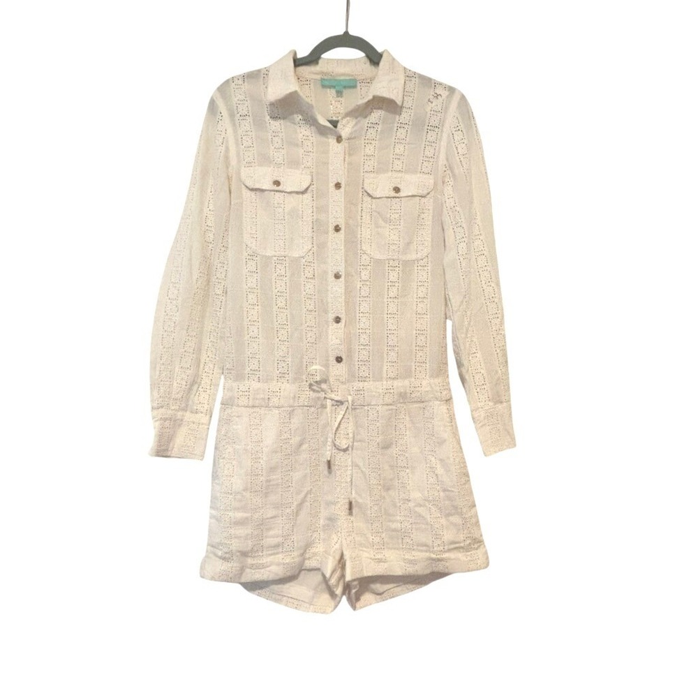 Draper James oversized XS white cotton eyelet long sleeve shorts romper N